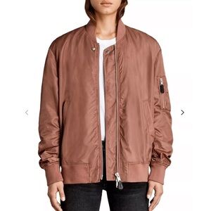 All Saints Myra Bomber Flight Jacket Rust Brown Red Ruched Nylon Sz XS